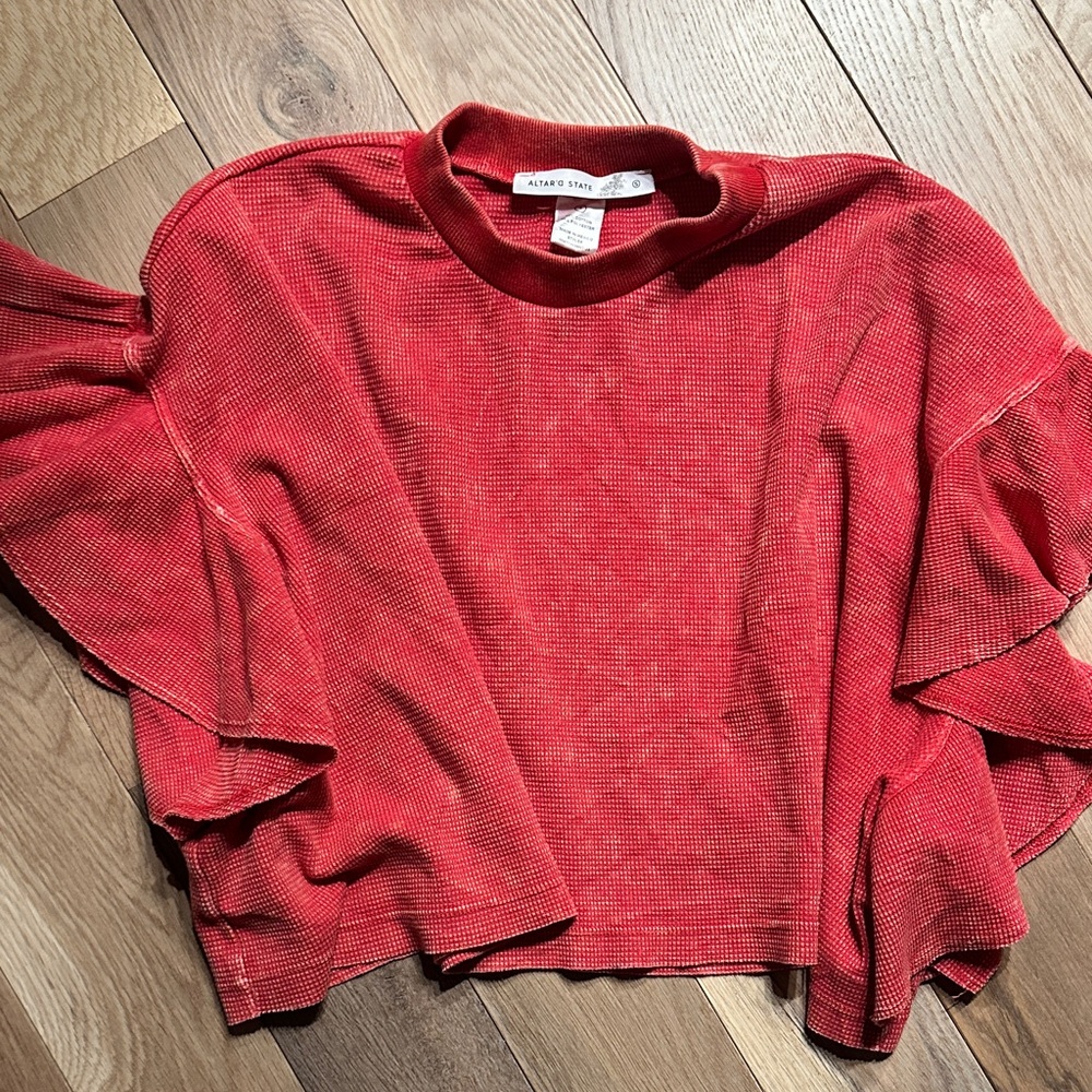 Altar'd State Red Waffle Ruffle-Sleeve Crop Top